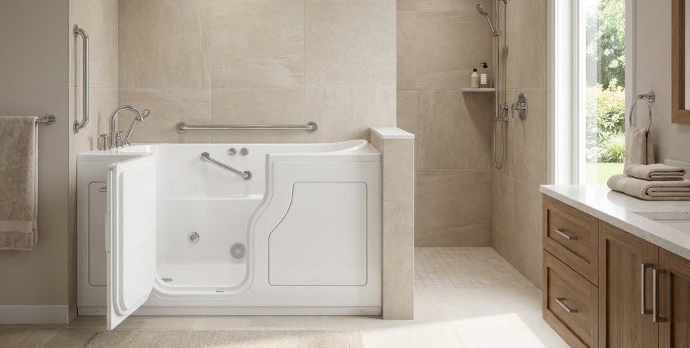 Walk-in bathtub with open door and grab bars in a modern bathroom with walk-in shower