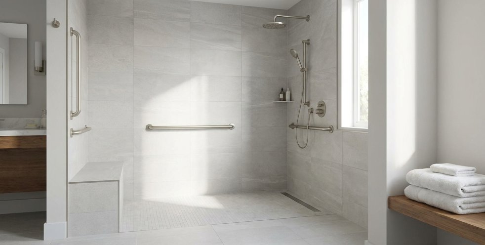 Modern walk-in shower with grab bars, bench, handheld showerhead and towels in a bright bathroom