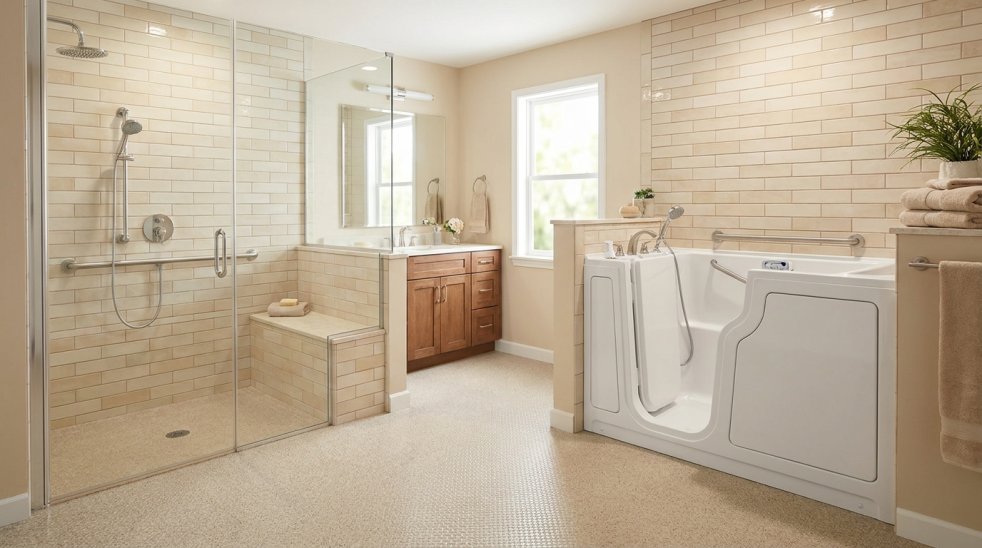 Accessible bathroom with walk-in shower and walk-in tub beside vanity and grab bars