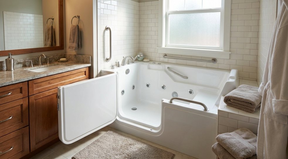 Walk-in hydrotherapy tub in a modern home bathroom with safety door and grab bars