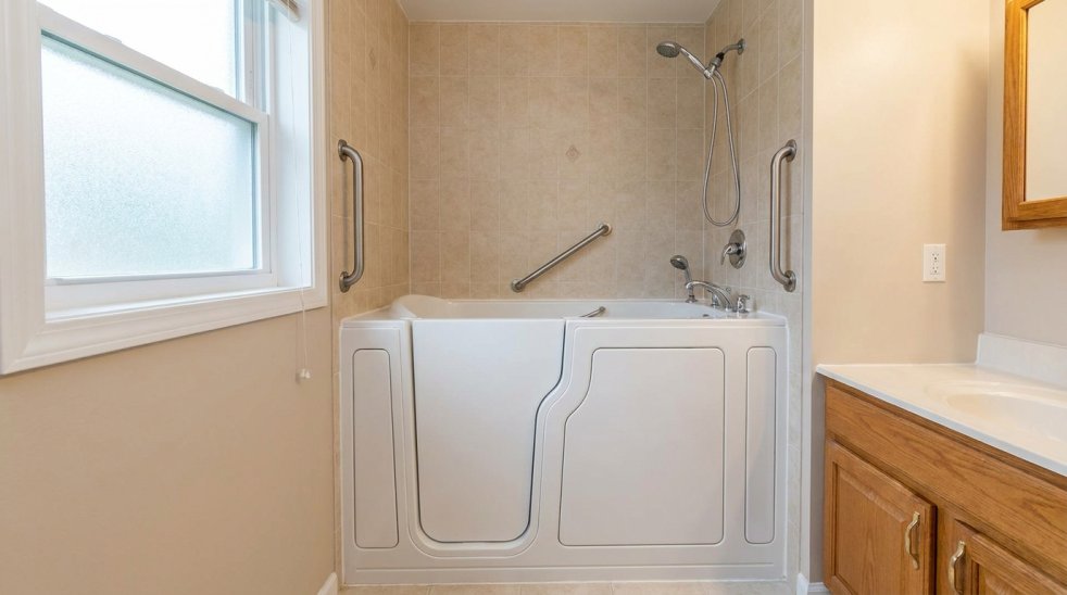 Walk-in tub in a regular home bathroom with shower, grab bars, and vanity nearby